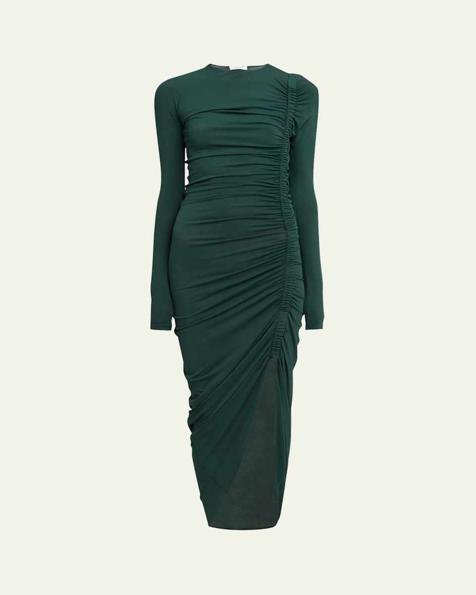 Ruched Long Sleeve Asymmetric Jersey Dress